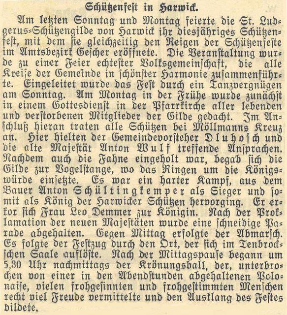 1934_AZ-Bericht.jpg - Zeitungsbericht vom Schützenfest am 13. u. 14. Mai 1934. Schützenkönig wurde Bernhard Schültingkemper gt. Schriewer mit Königin Anna Demmer.