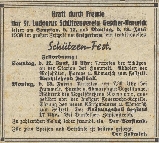 1938_AZ-Festprogr.jpg - 1938: Zeitungsanzeige als Hinweis auf das Schützenfest der Harwicker